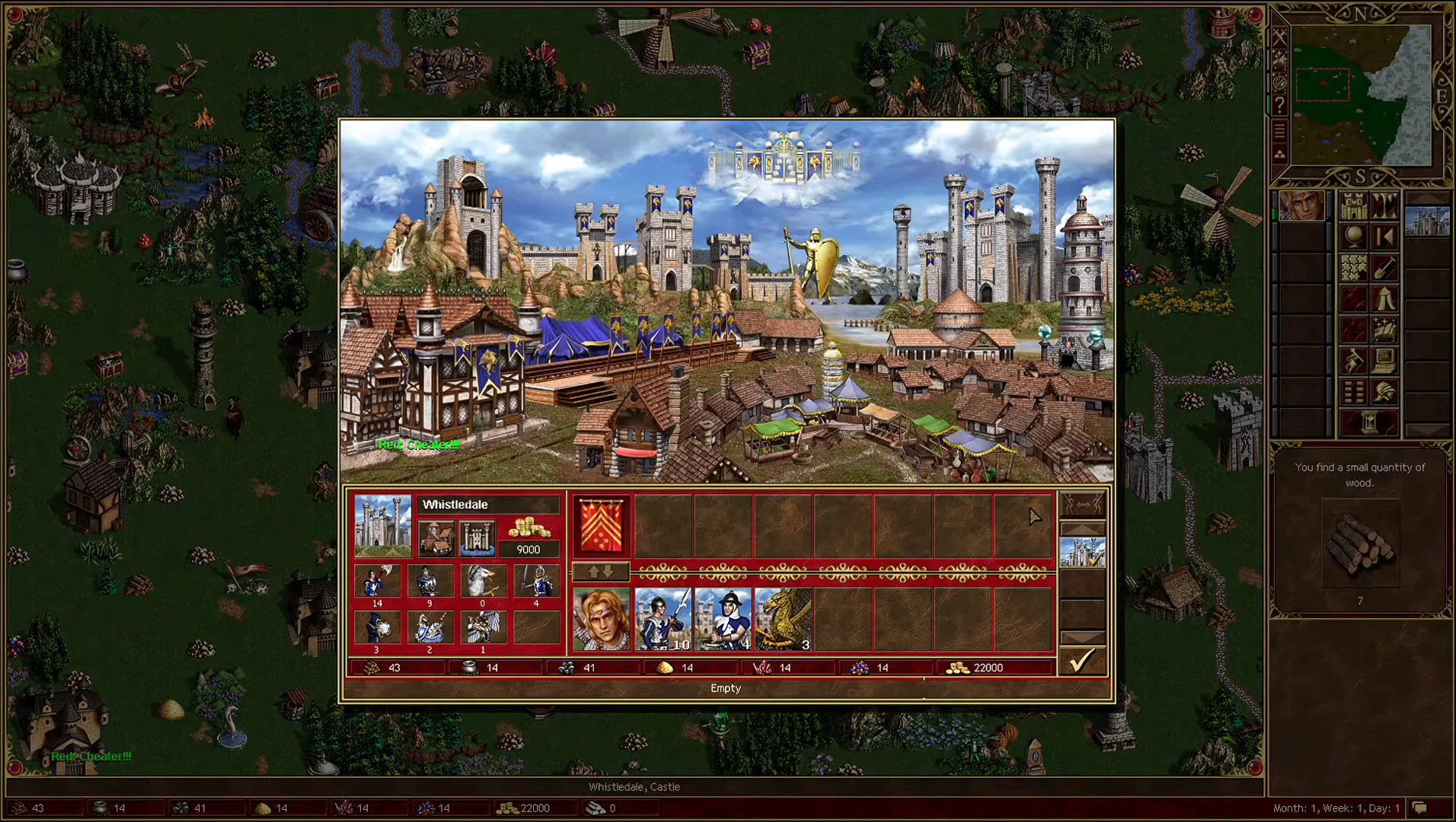 Captura de pantalla de la interfaz detallada del castillo medieval con héroe y tropas en HoMM 3 HD Edition Remaster