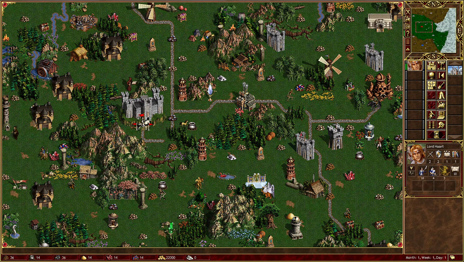 Captura de pantalla de Heroes of Might and Magic III mostrando un mapa estratégico con castillos, caminos, recursos e interfaz de héroe