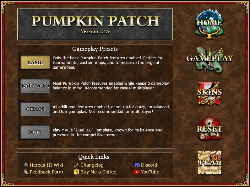 Menu screen of Heroes of Might and Magic III Pumpkin Patch mod showing gameplay presets and links to homepage and social media