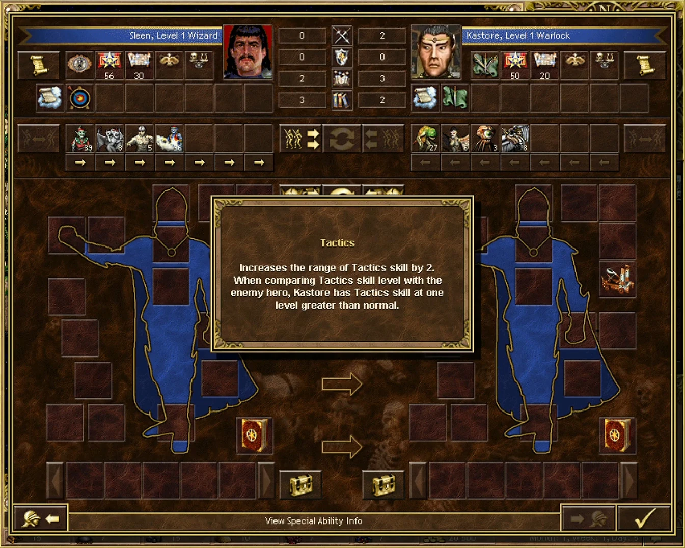 Heroes of Might and Magic III tactical skill info screen showing hero stats, units, and special ability description