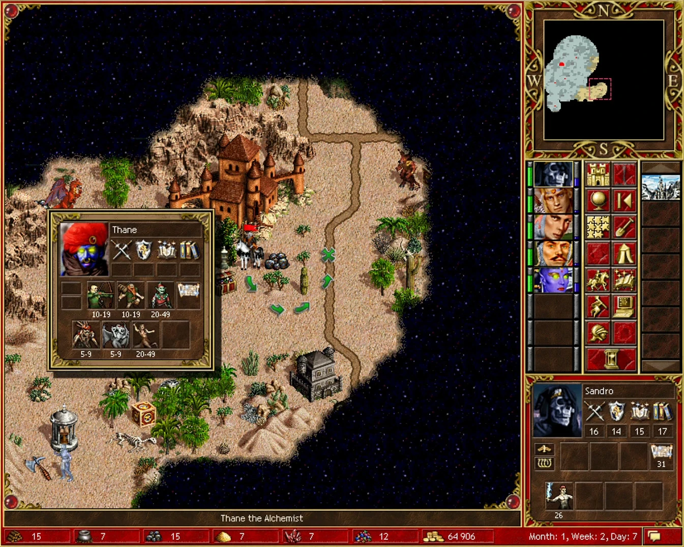 Screenshot of Heroes of Might and Magic III showing desert map, heroes with inventory and castle