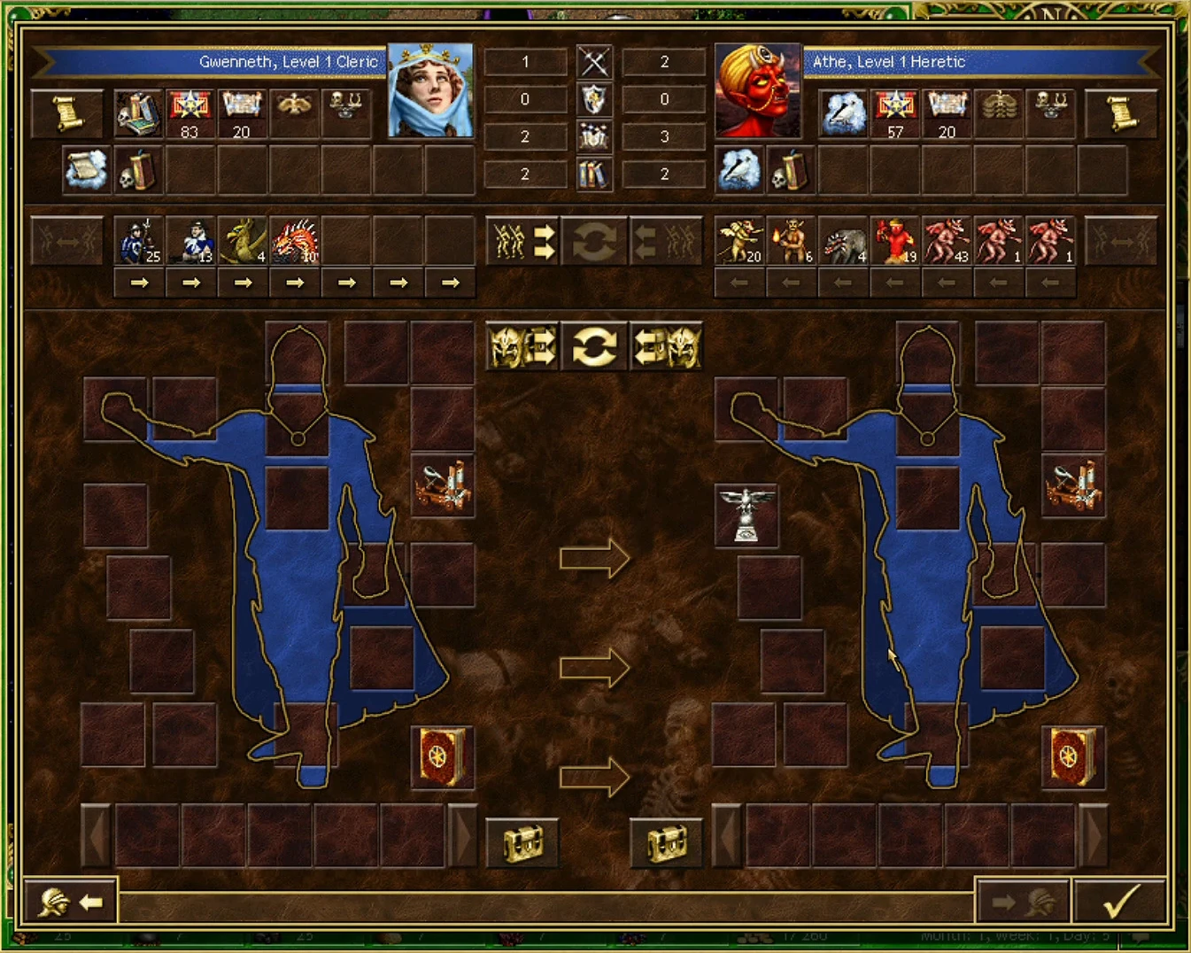 Screenshot of Heroes of Might and Magic III battle screen showing cleric and heretic heroes with unit details