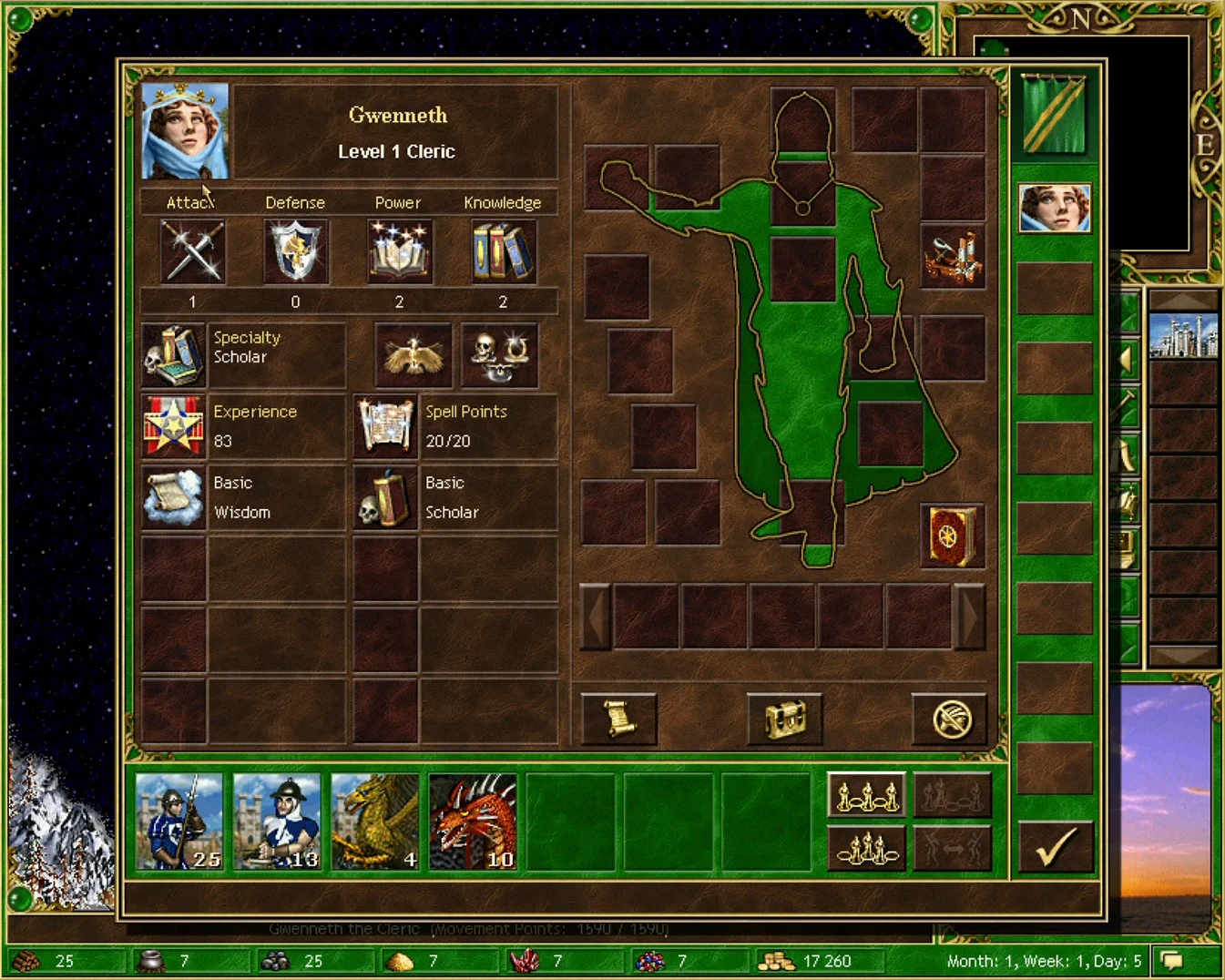 Screenshot of Gwenneth Cleric character stats, level, specialty and troops in Heroes of Might and Magic III