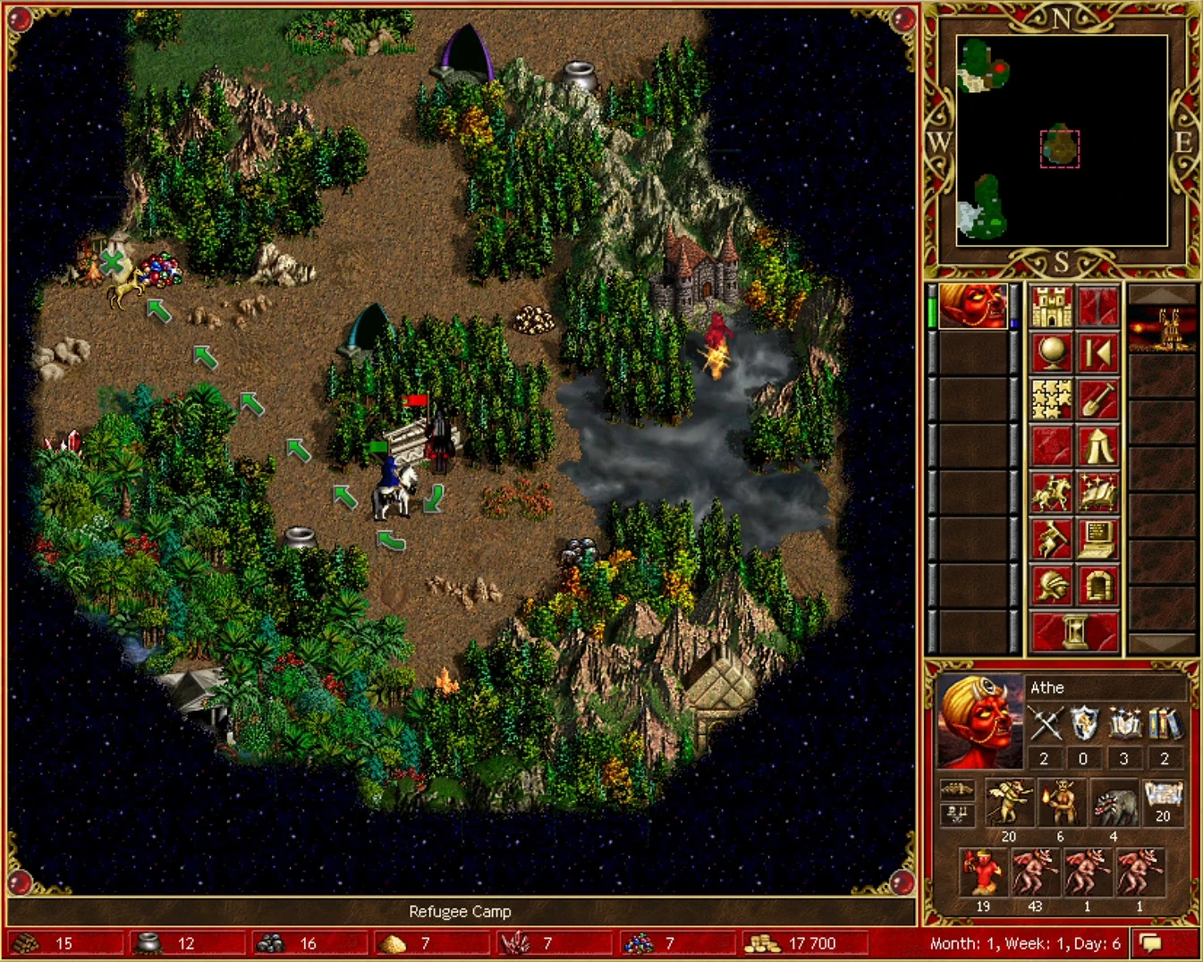 Screenshot of a Heroes of Might and Magic III game showing a hero moving towards a pumpkin patch with forest, mountains, and a castle on the map