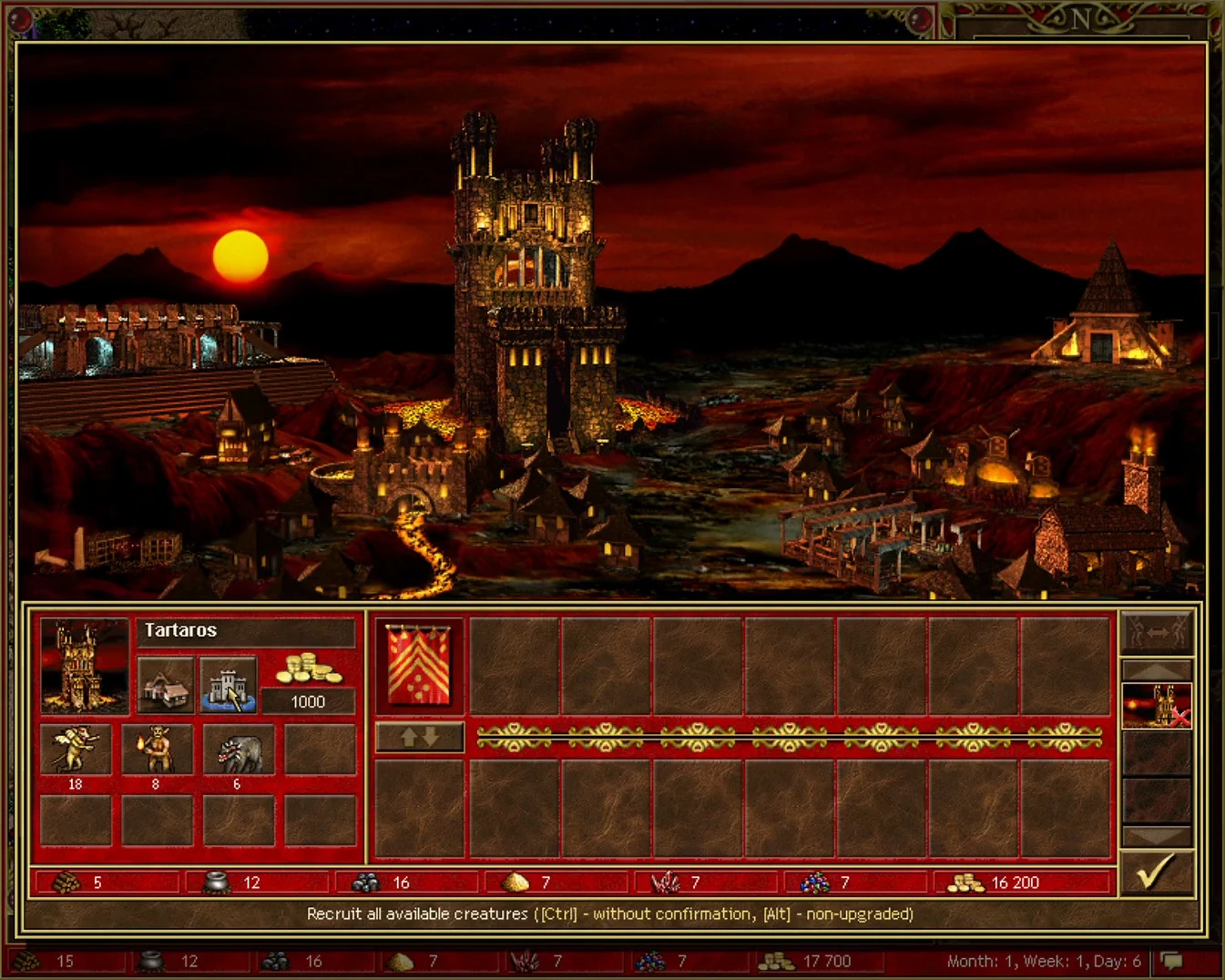 Heroes of Might and Magic III game screen showing Tartaros town with dark fortress, units, and resources at sunset