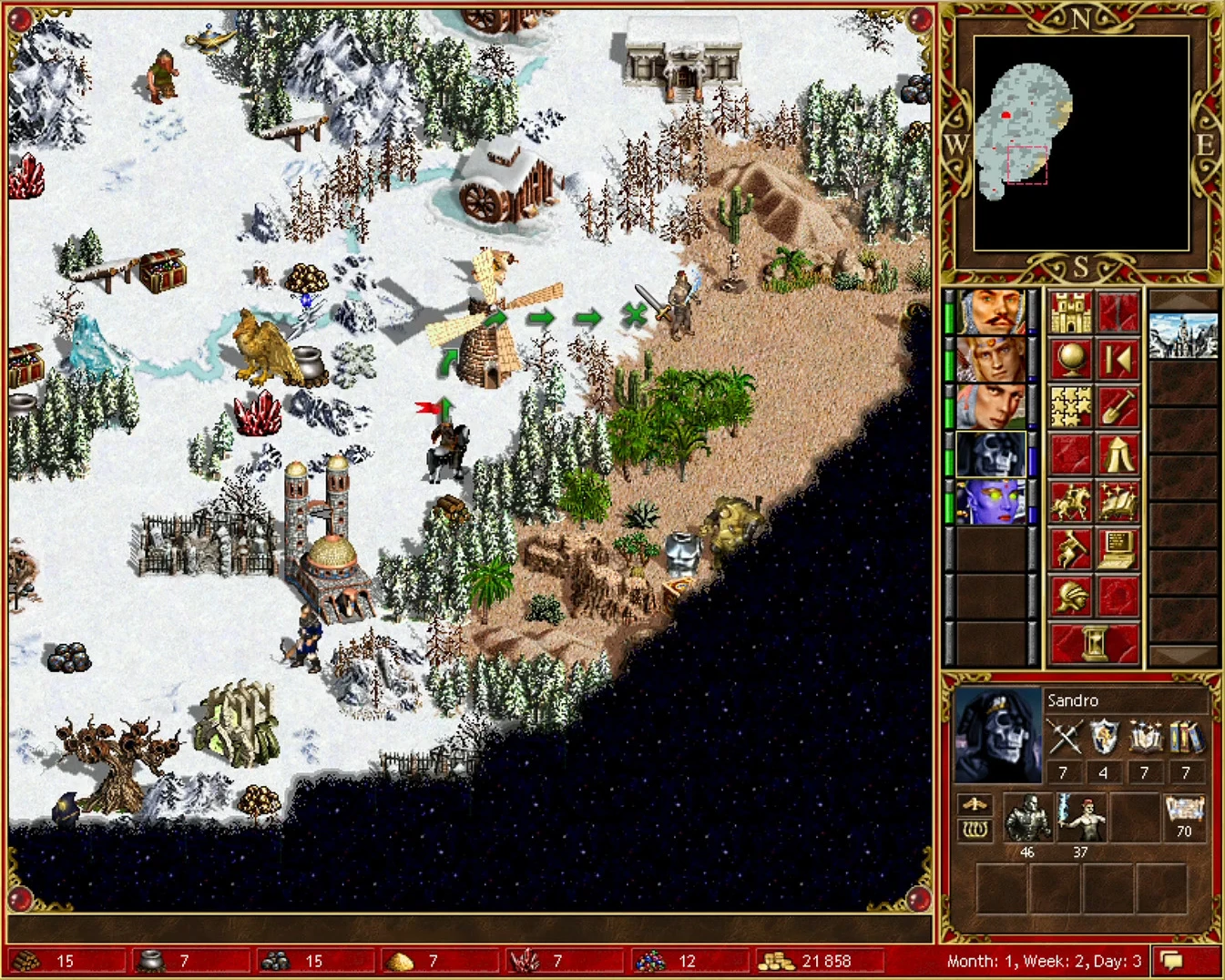 Gameplay screenshot showing a snowy and desert map in Heroes of Might and Magic III with heroes, structures, and resources
