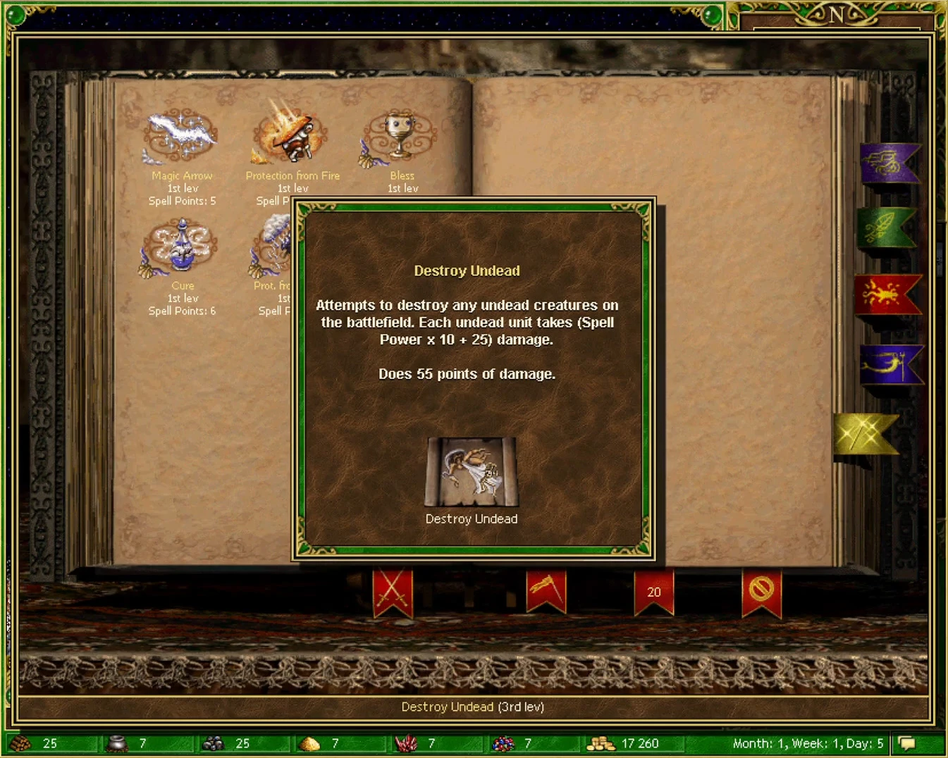 Screenshot of Destroy Undead spell description showing damage calculation and effects in Heroes of Might and Magic III