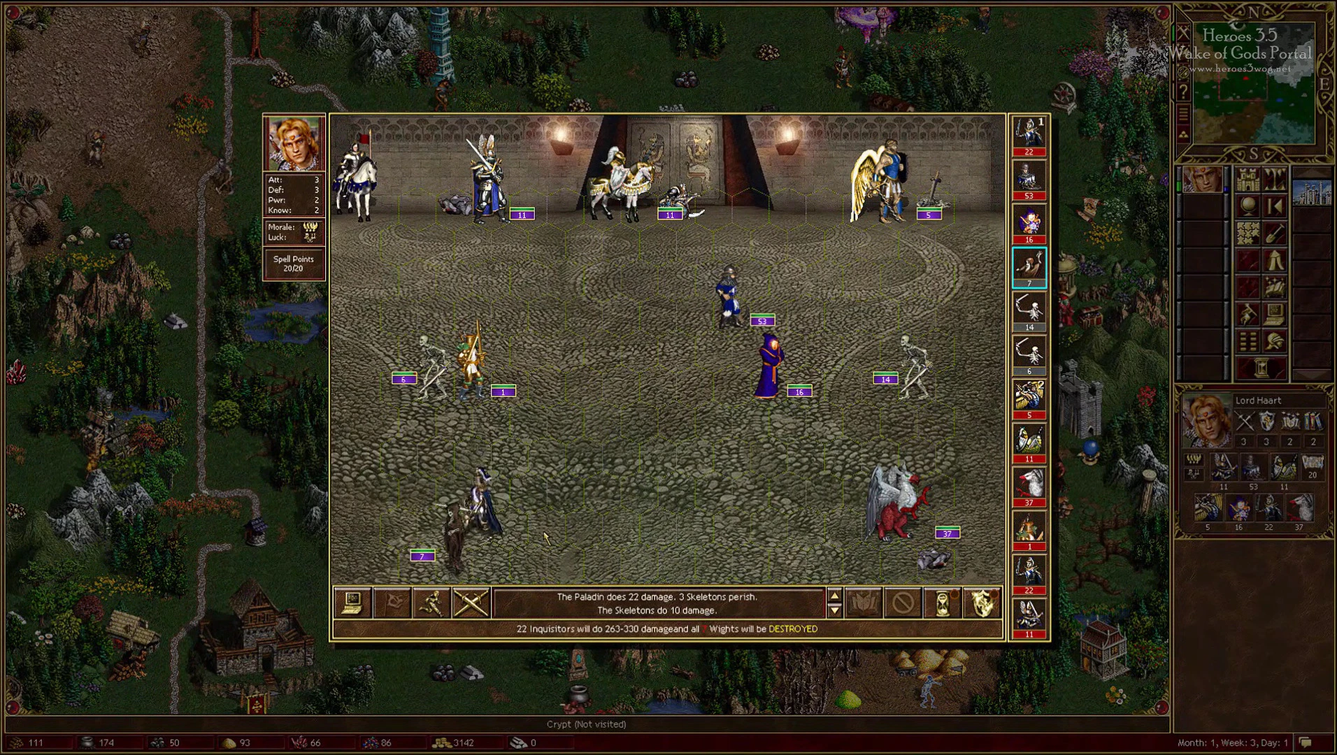 Скриншот пошаговой битвы в Heroes of Might and Magic III с улучшенными юнитами и интерфейсом мода Third Upgrade
