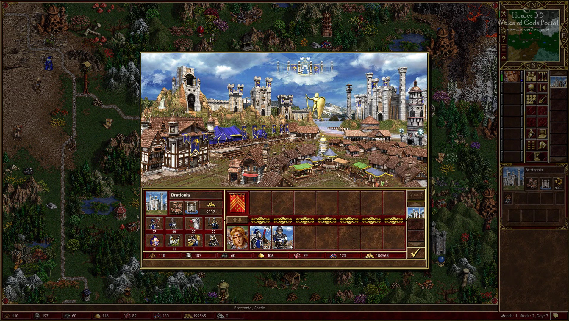 Скриншот с подробным интерфейсом средневекового замка и города с героями и ресурсами в моде Third Upgrade для Heroes of Might and Magic III