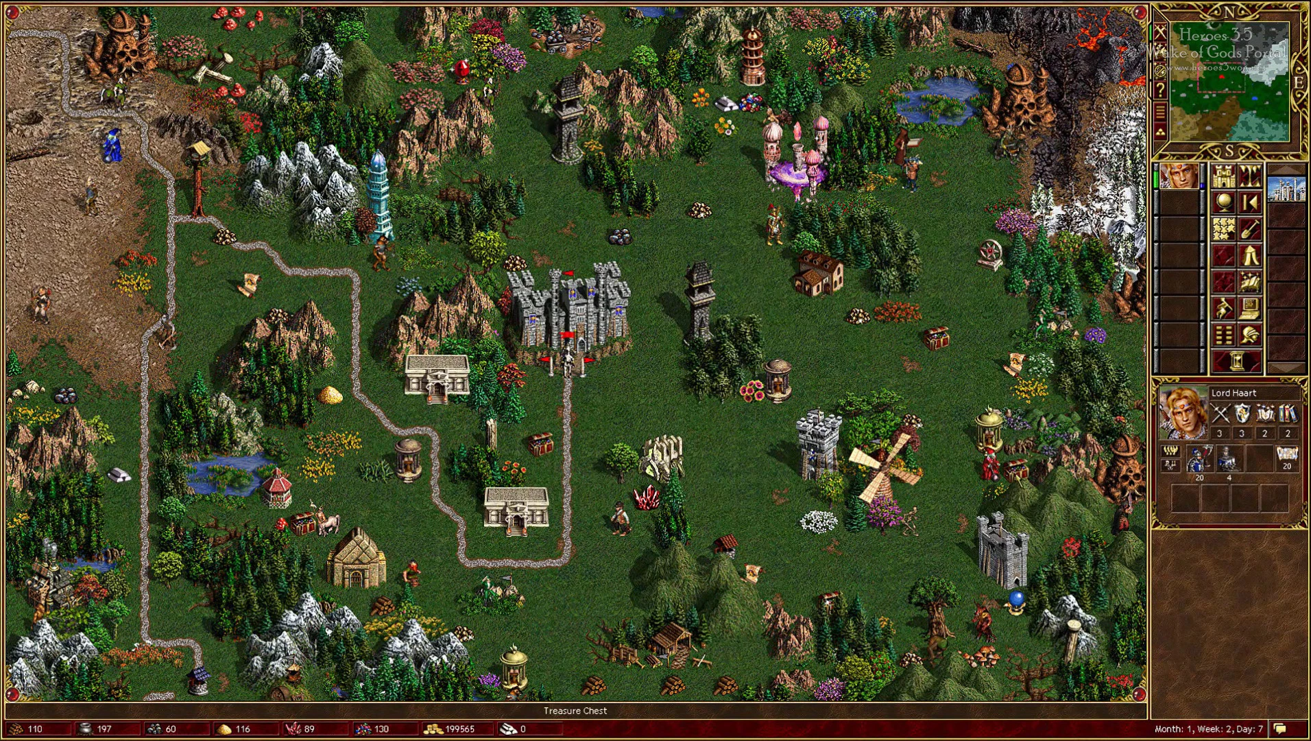 Скриншот игры с детализированным ландшафтом, различными строениями, героями и интерфейсом мода Third Upgrade для Heroes of Might and Magic III