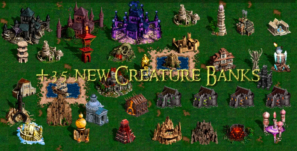 Скриншот с различными новыми домами существ, добавленными модом Third Upgrade для Heroes of Might and Magic III