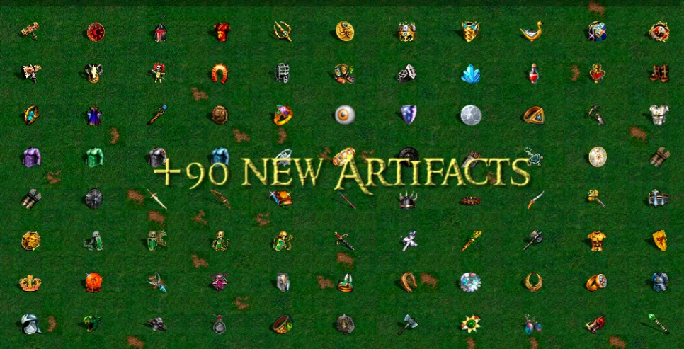Скриншот с 90 новыми иконками артефактов на зелёном фоне и текстом о добавлении в моде Third Upgrade