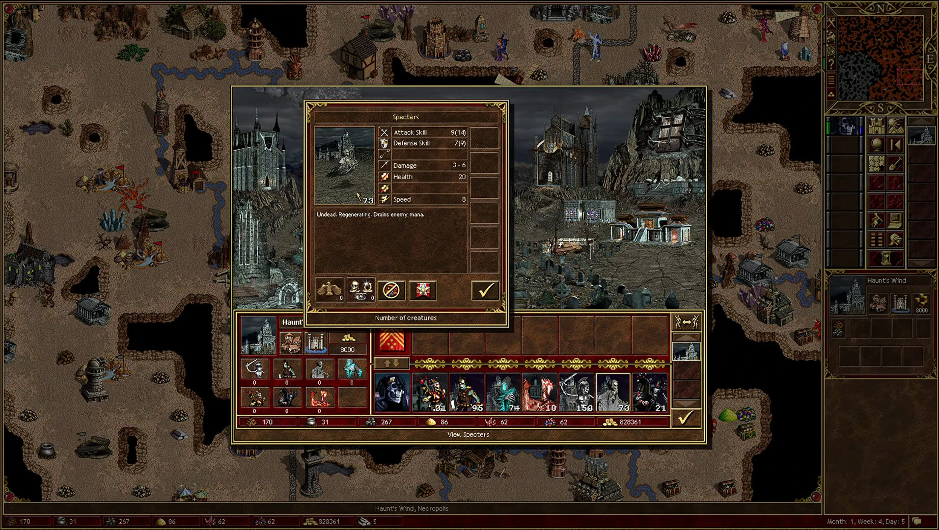 Интерфейс игры с экраном города Некрополь и подробной статистикой юнита Призраки в моде Third Upgrade для Heroes of Might and Magic III