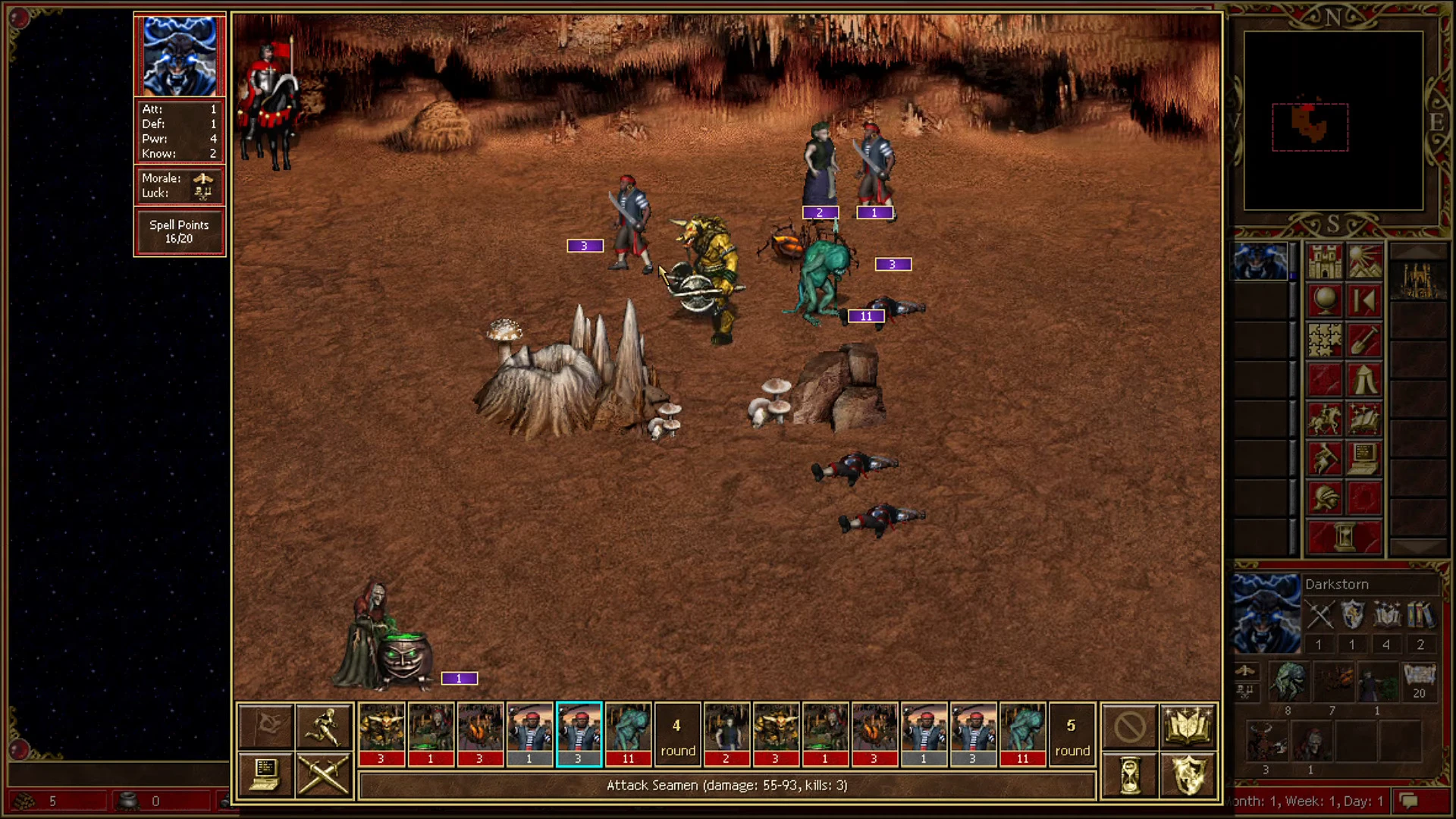 Heroes 3 Exiled Kingdoms Mod screenshot showing cave battle, Darkstorm hero, units with health and attack bars