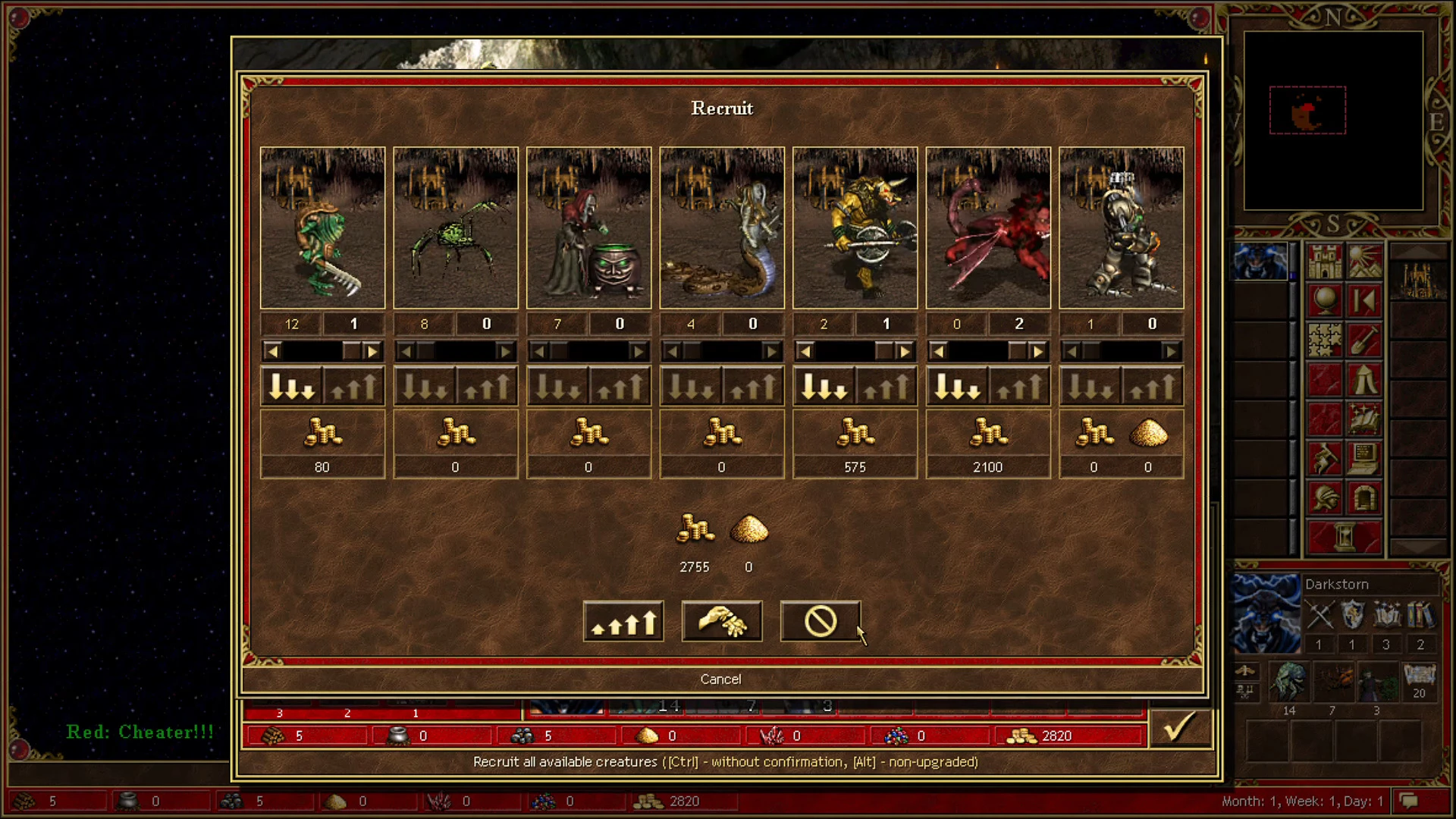 Heroes of Might and Magic 3 screen showing recruitment menu with various creatures and gold cost in Exiled Kingdoms Mod