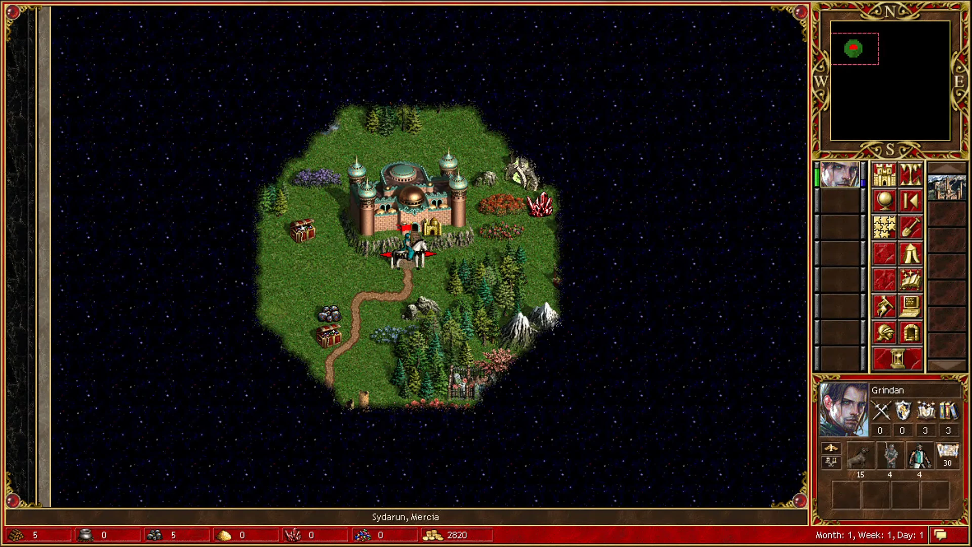 Gameplay screenshot of a small island with castle, hero, and resources in Heroes 3 Exiled Kingdoms Mod