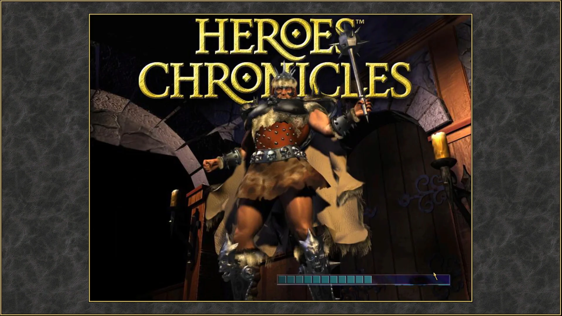 Ladebildschirm von Heroes Chronicles mit barbarischem Krieger in stacheliger Rüstung und Umhang vor Spieltitel
