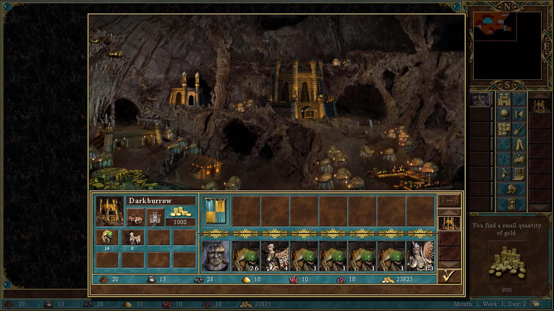 Spielbildschirm mit Blick auf die Höhlenstadt Darkburrow, Einheiten und Interface in Heroes Chronicles HDmod