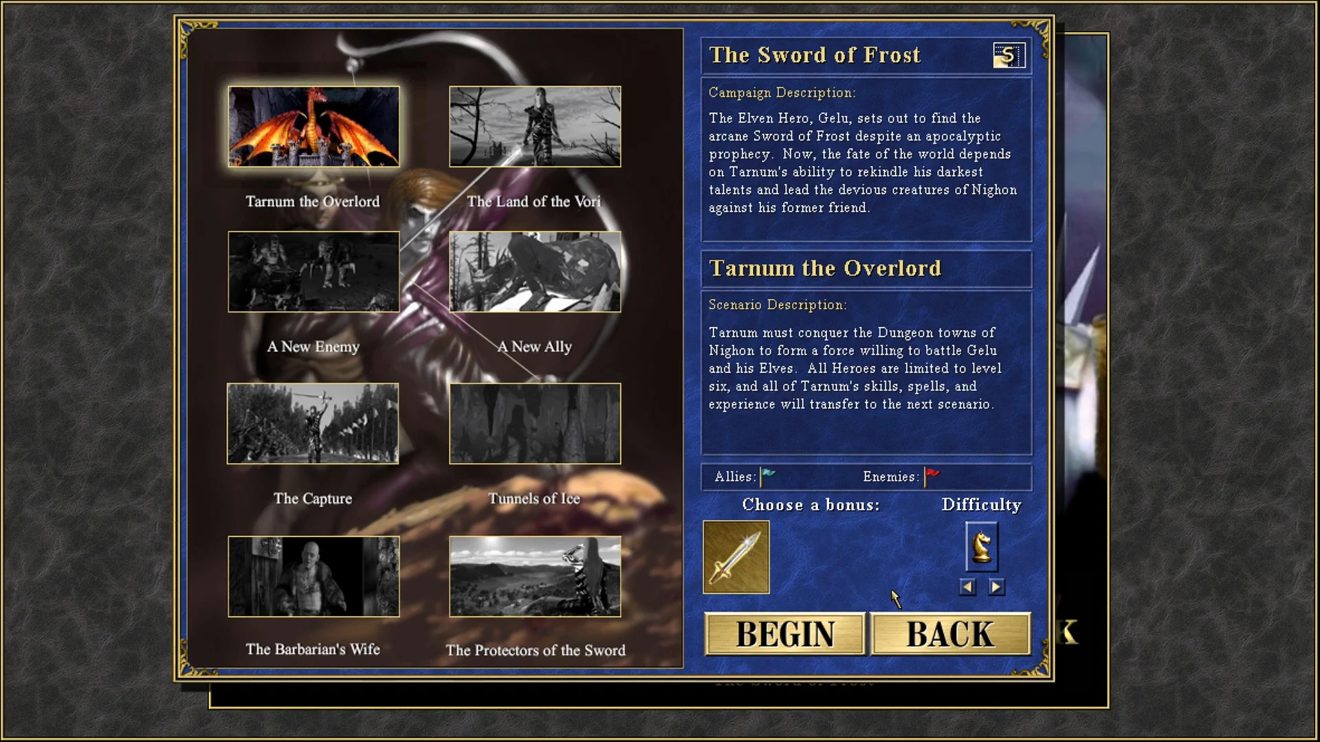 Screenshot des Kampagnenmenüs von Heroes Chronicles mit Beschreibung des The Sword of Frost-Szenarios und Missions-Vorschaubildern