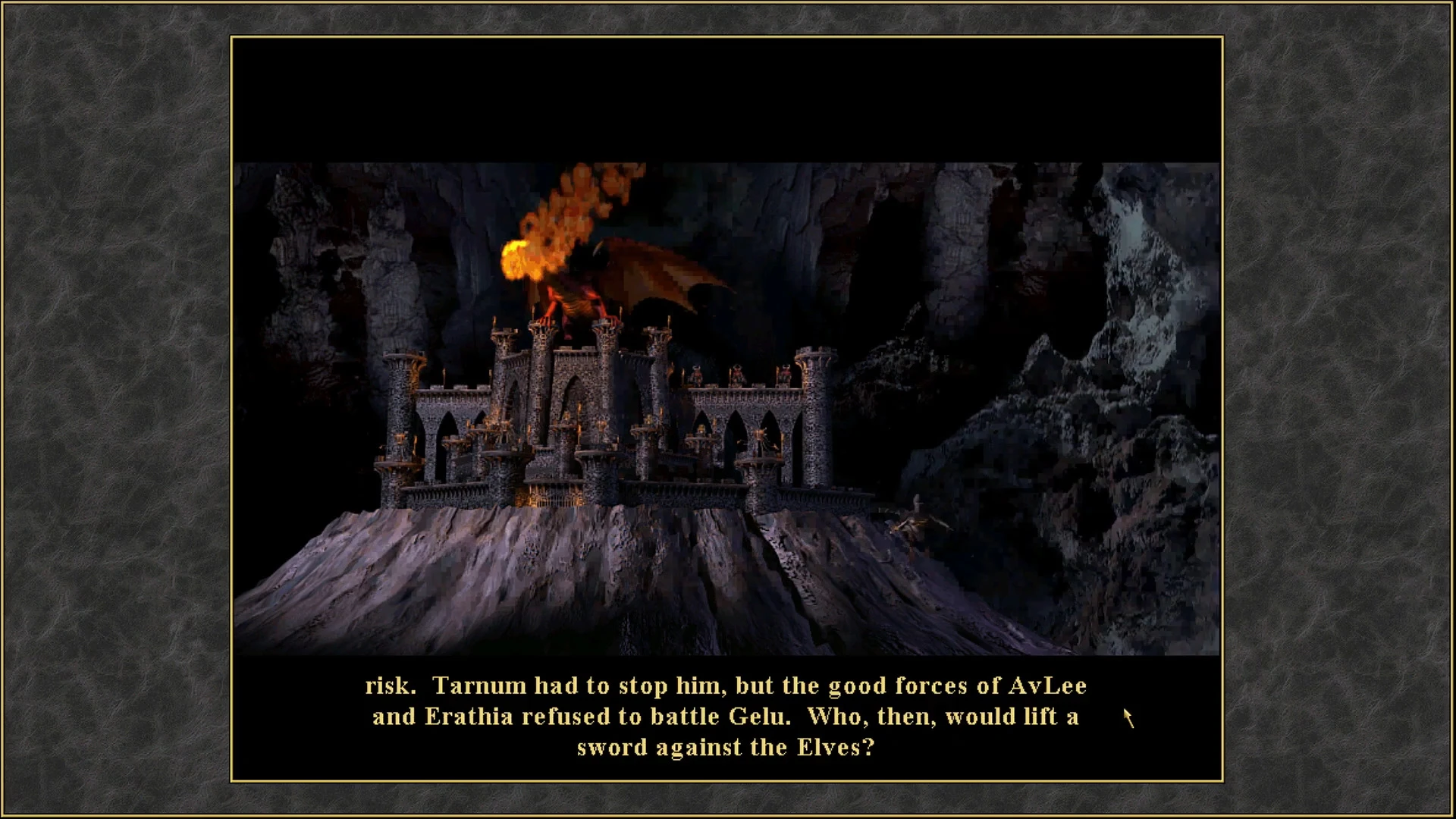 Dunkle Burg auf felsigem Hügel unter Angriff eines feuerspeienden Drachen in einer Heroes Chronicles Mod-Zwischensequenz