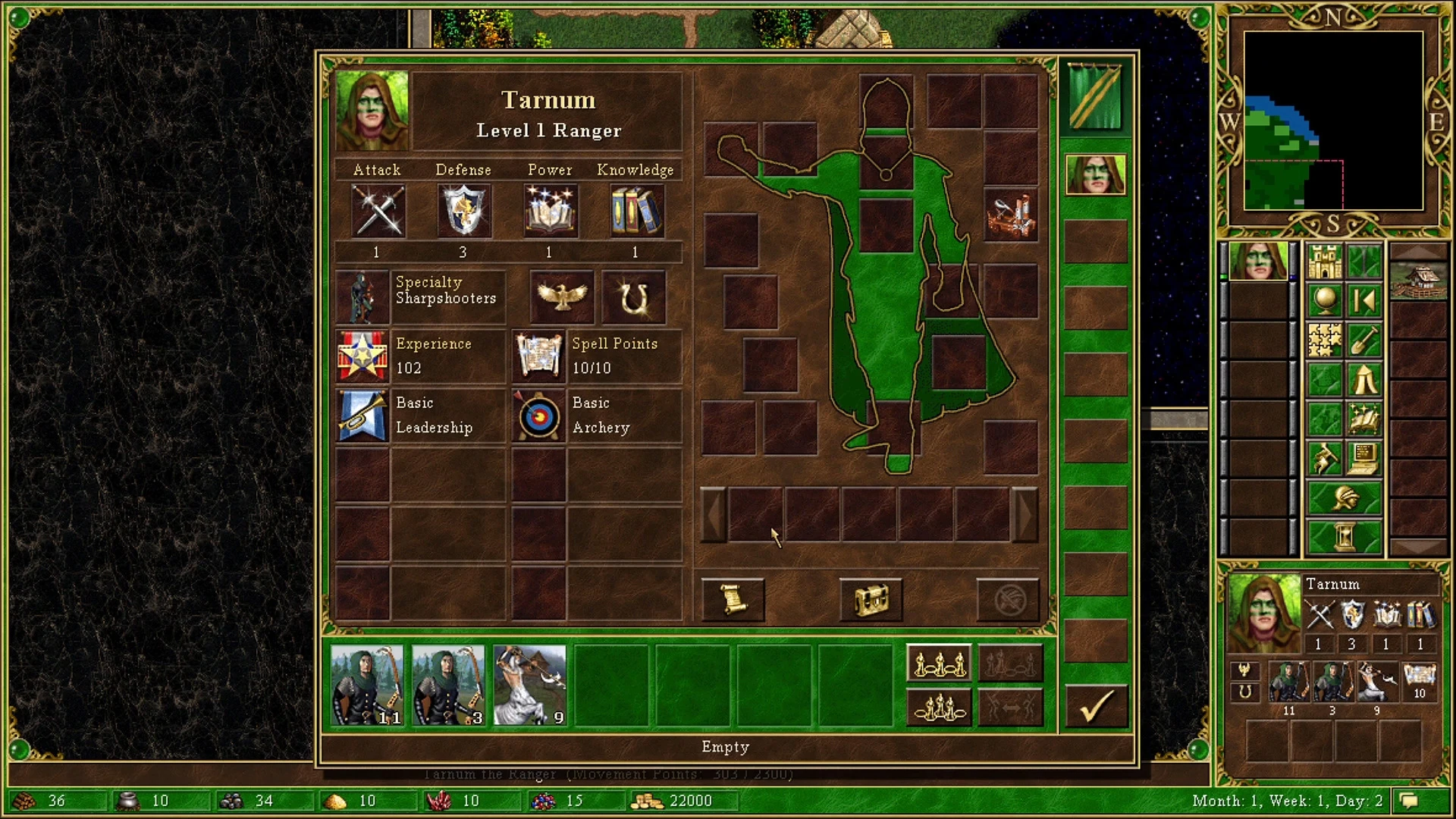Spielbildschirm zeigt Tarnum Stufe 1 Waldläufer Statistiken, Fähigkeiten, Einheiten und Inventarplätze in Heroes Chronicles HDmod
