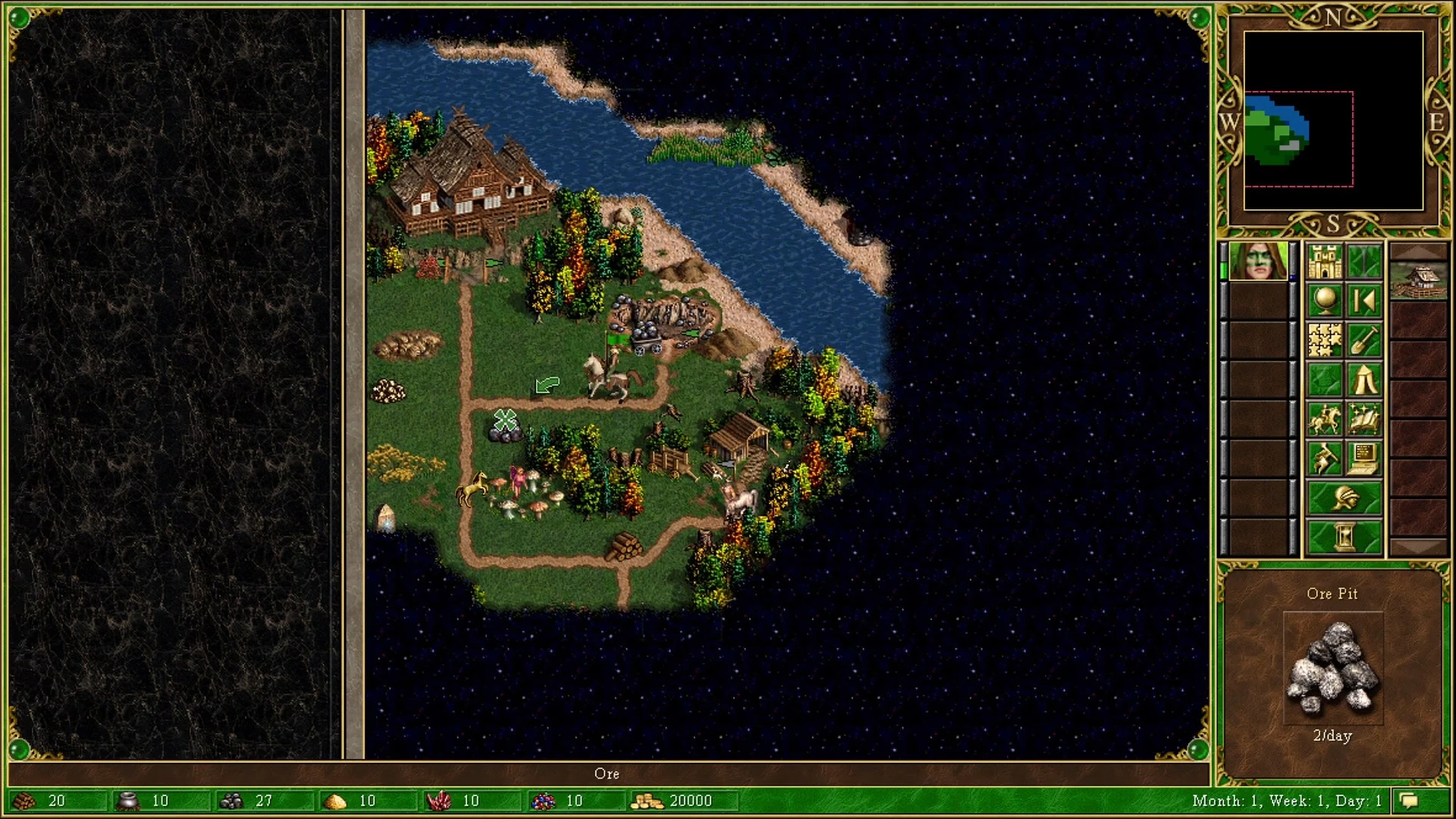 Screenshot aus Heroes Chronicles mit kleinem Dorf, Bäumen, Erzgrube Ressource, Heldenporträt und Karteninterface