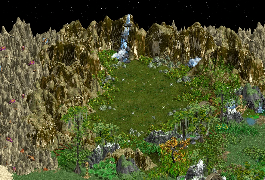 View of a lush mountain valley with sparkling waterfalls and dense forests under a starry sky