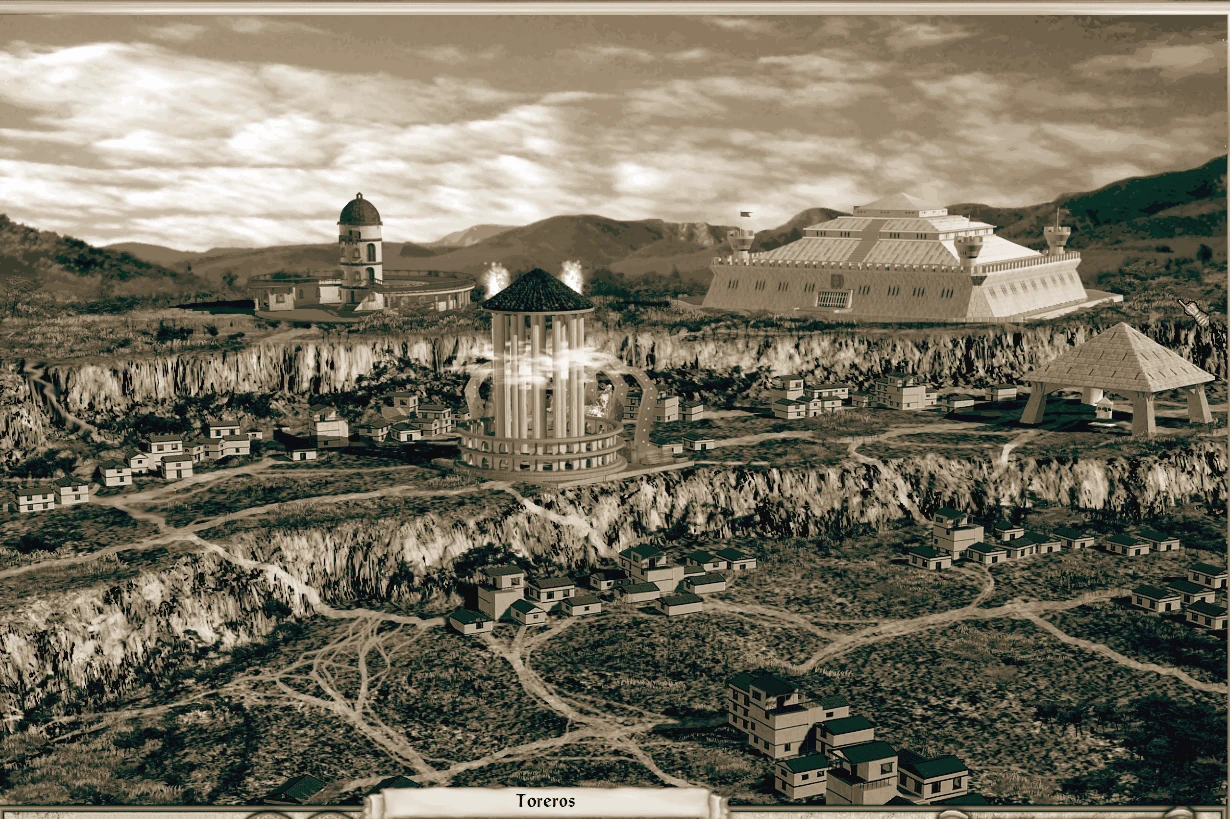 View of a mountainous terrain with ancient temple-like and fortress buildings in Heroes IV - Ultimate mod