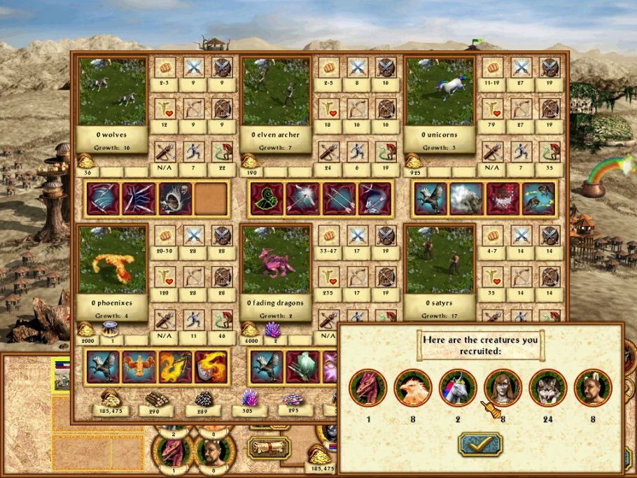 Heroes of Might and Magic III game screen showing creature stats and recruited units with Heroes IV - Ultimate mod
