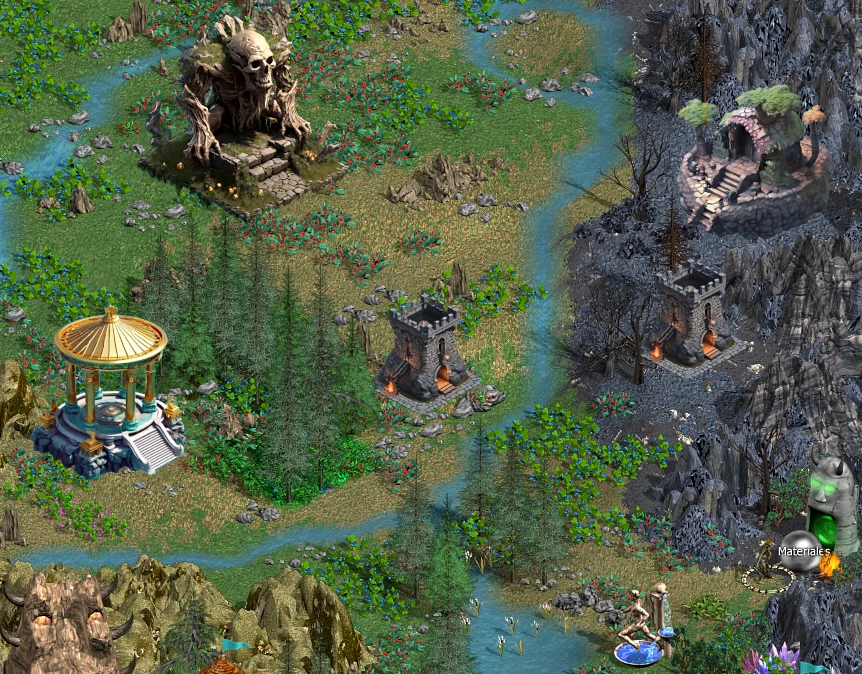 In-game view showing a mixed terrain with forest, river, rocky mountains, buildings including a skull-shaped structure and fire-lit towers from Heroes IV - Ultimate mod