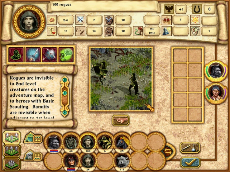 In-game tactical combat interface showing a rogue unit and their stats in Heroes III mod Heroes IV - Ultimate