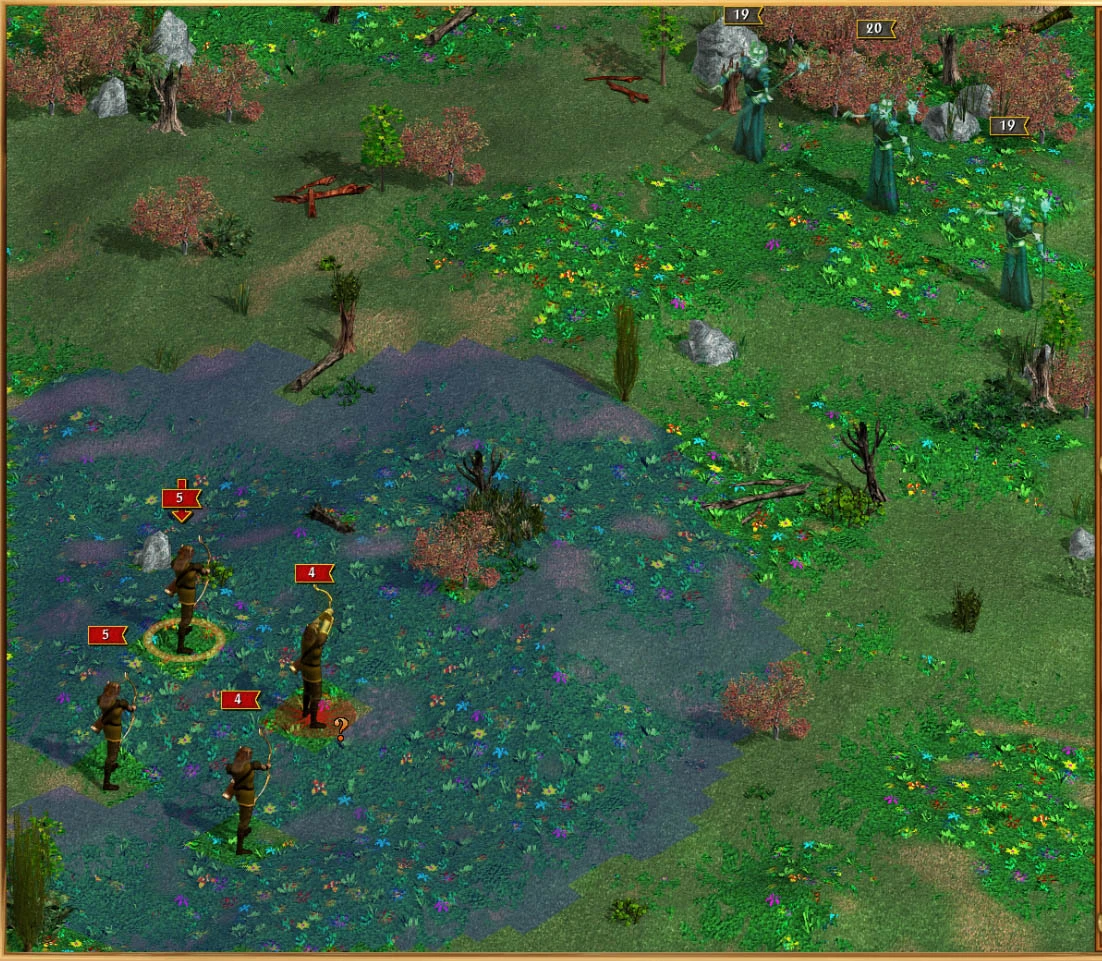 Screenshot from Heroes of Might and Magic III showing archers with red banners fighting ghostly units with health numbers in Heroes IV - Ultimate mod