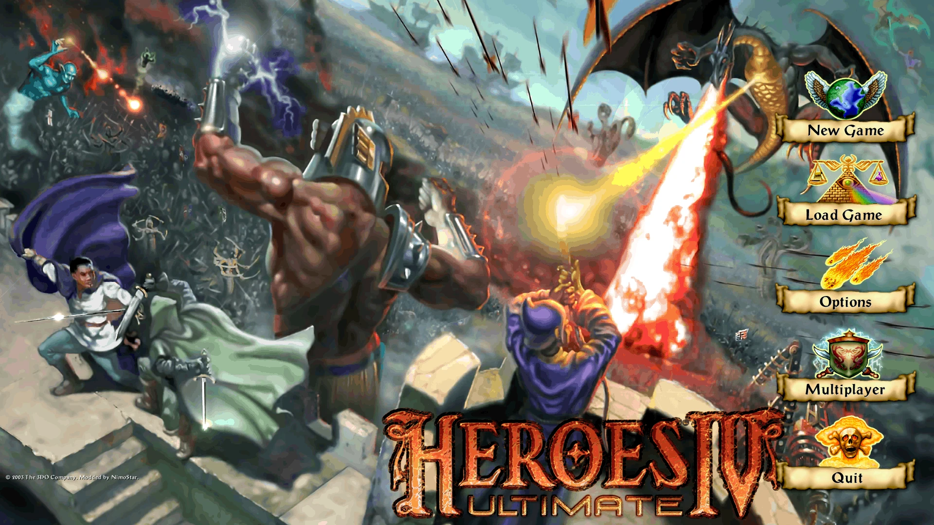 Heroes IV Ultimate mod main menu screen showing characters battling dragons with fire and lightning attacks