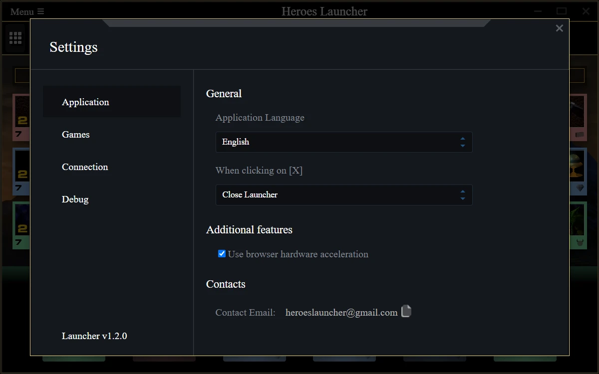 Einstellungsmenü des Heroes Launchers mit Sprach- und Schließen-Optionen