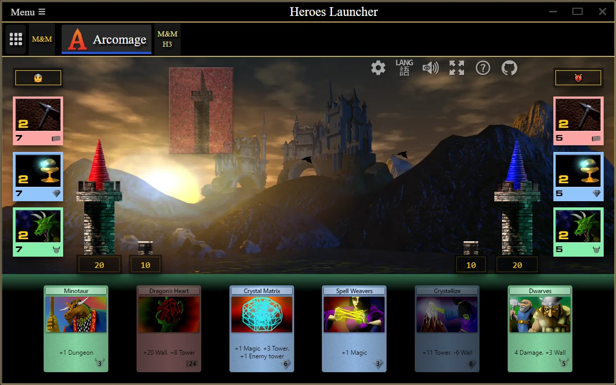 Spielbildschirm zeigt rundenbasierte Kampfoberfläche mit Einheiten und Karten im Heroes Launcher Mod