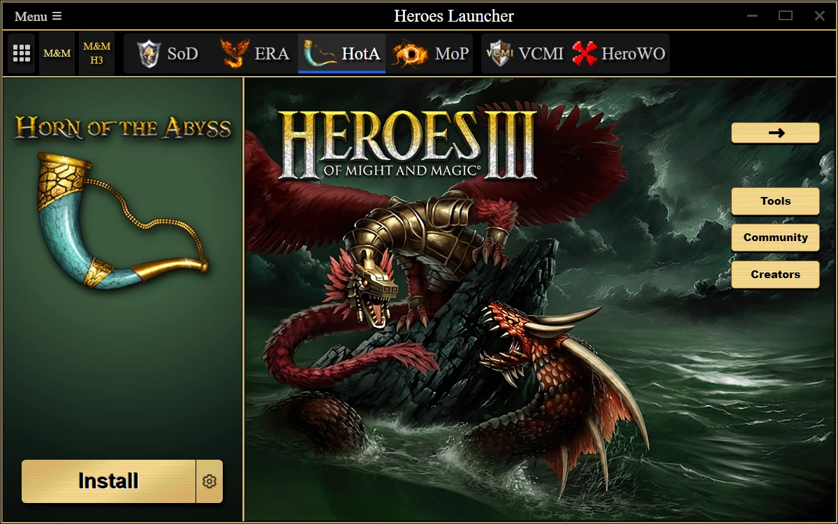 Screenshot des Heroes Launchers mit Installationsoption für den Horn of the Abyss Mod und Drachen-Spielgrafik