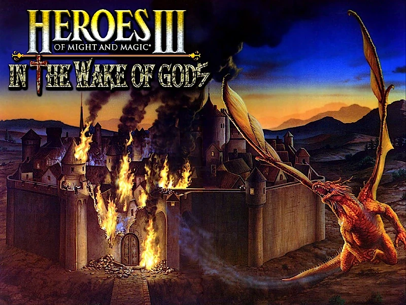 Ein Drache speit Feuer auf eine brennende Burg während der Belagerung im Heroes of Might and Magic III: In the Wake of Gods Mod