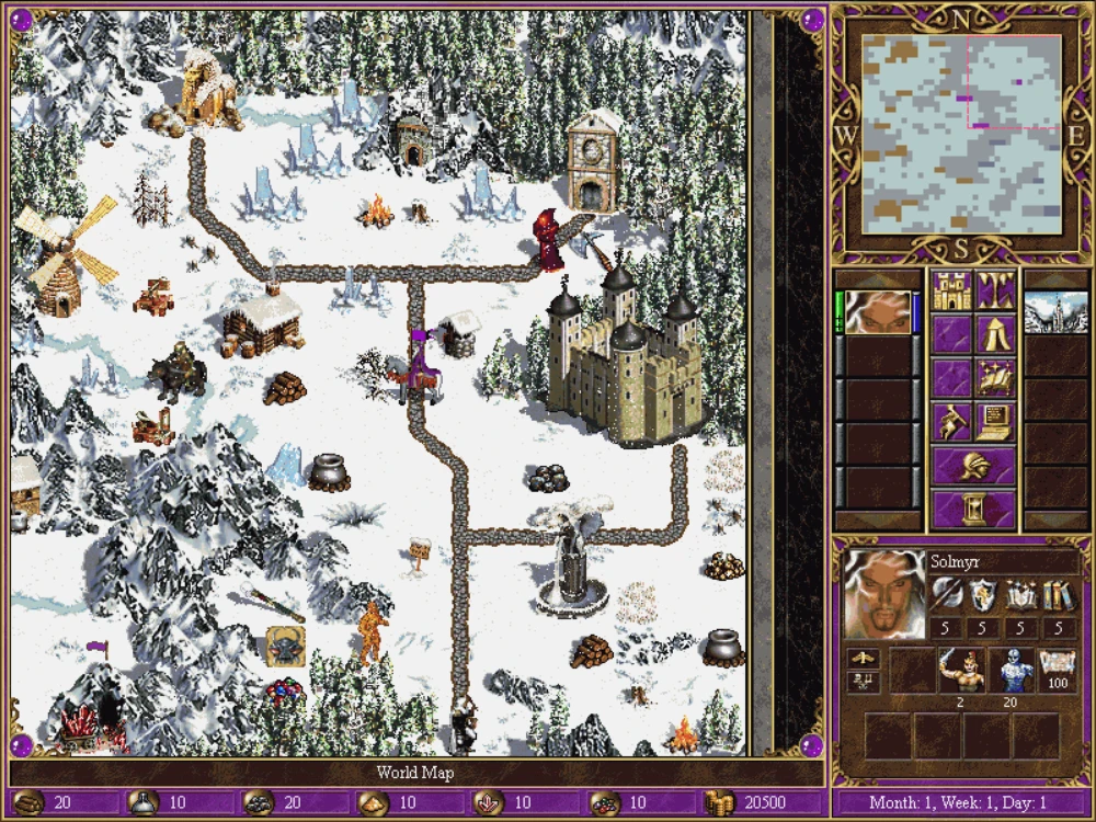 Spielbildschirm zeigt verschneite Landschaft mit Helden, Burg und Ressourcen in Heroes of Might and Magic III-Mod