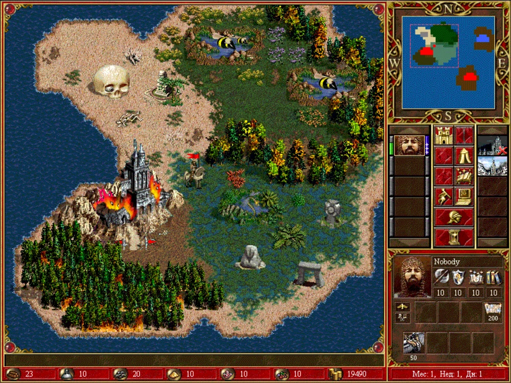 Spielbildschirm zeigt Insel mit brennender Burg, Totenschädel, Wald, Heldenporträt und Kartenübersicht im Heroes of Might and Magic III Mod