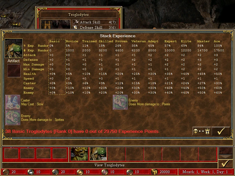 Screenshot zeigt Troglodyten-Statistiken, Erfahrungsränge, Fähigkeiten und Schadensmodifikatoren im Heroes of Might and Magic III Mod