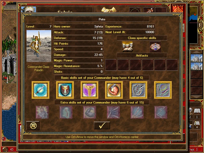 In-Game-Heldenbildschirm mit detaillierten Statistiken, Fähigkeiten und Artefakten eines Paladin-Kommandanten im Mod In the Wake of Gods