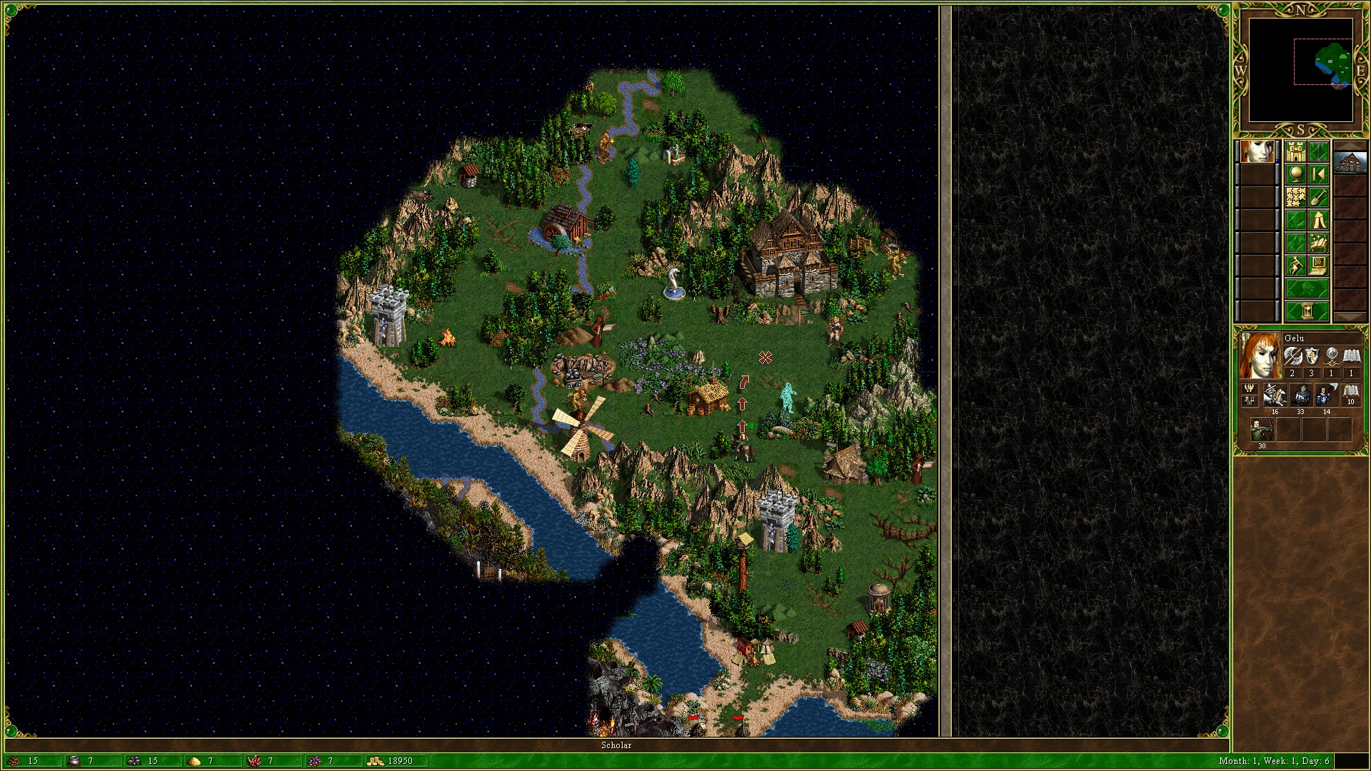 Screenshot von Heroes of Might and Magic III mit Abenteuerkarte, Flüssen, Wäldern, Gebäuden und Heldeninterface des Mods In the Wake of Gods
