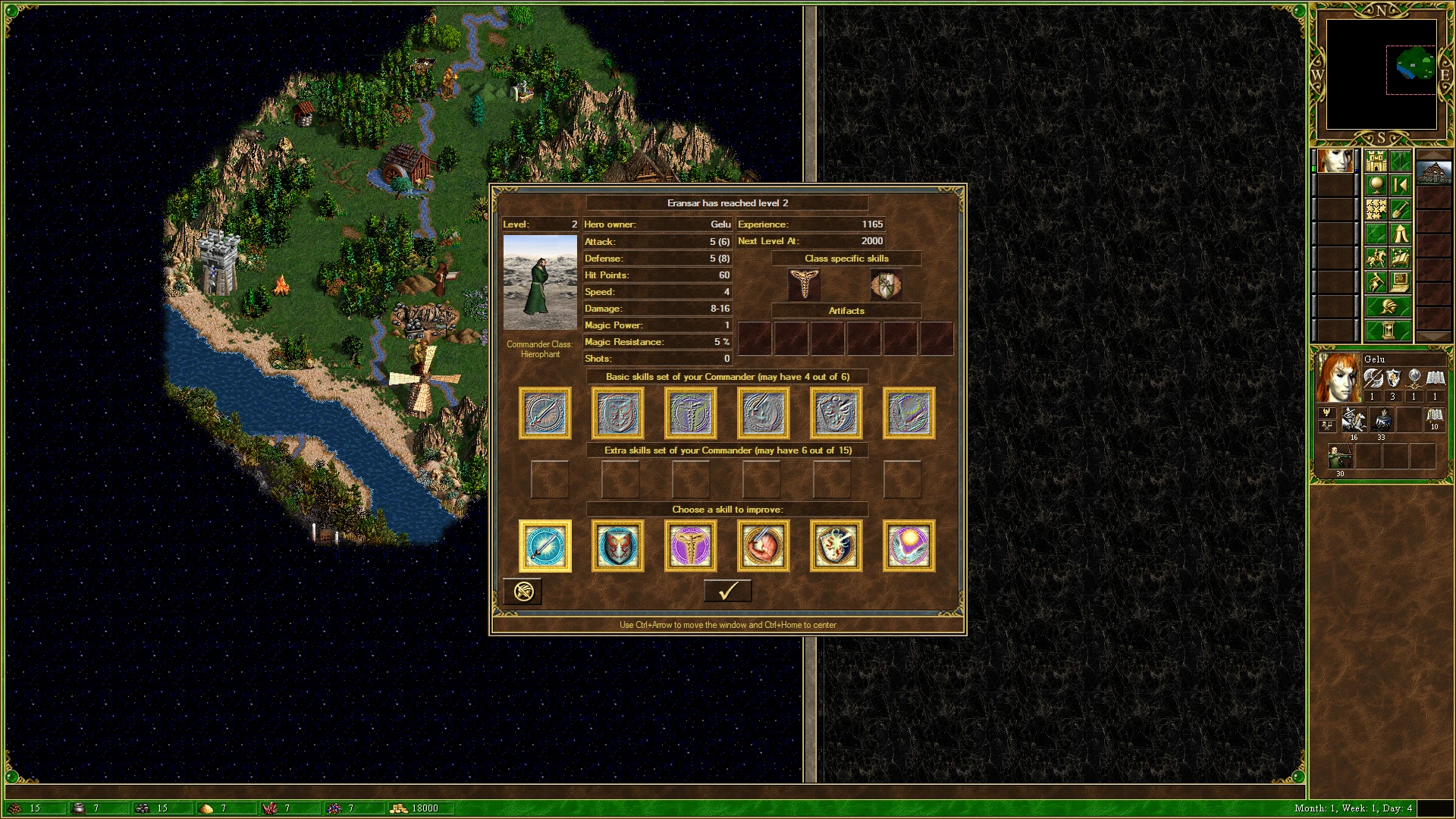 Fenster mit Heldenwerten und Fähigkeitsverbesserung zeigt Jägerheld auf Level 2 im Heroes of Might and Magic III Mod