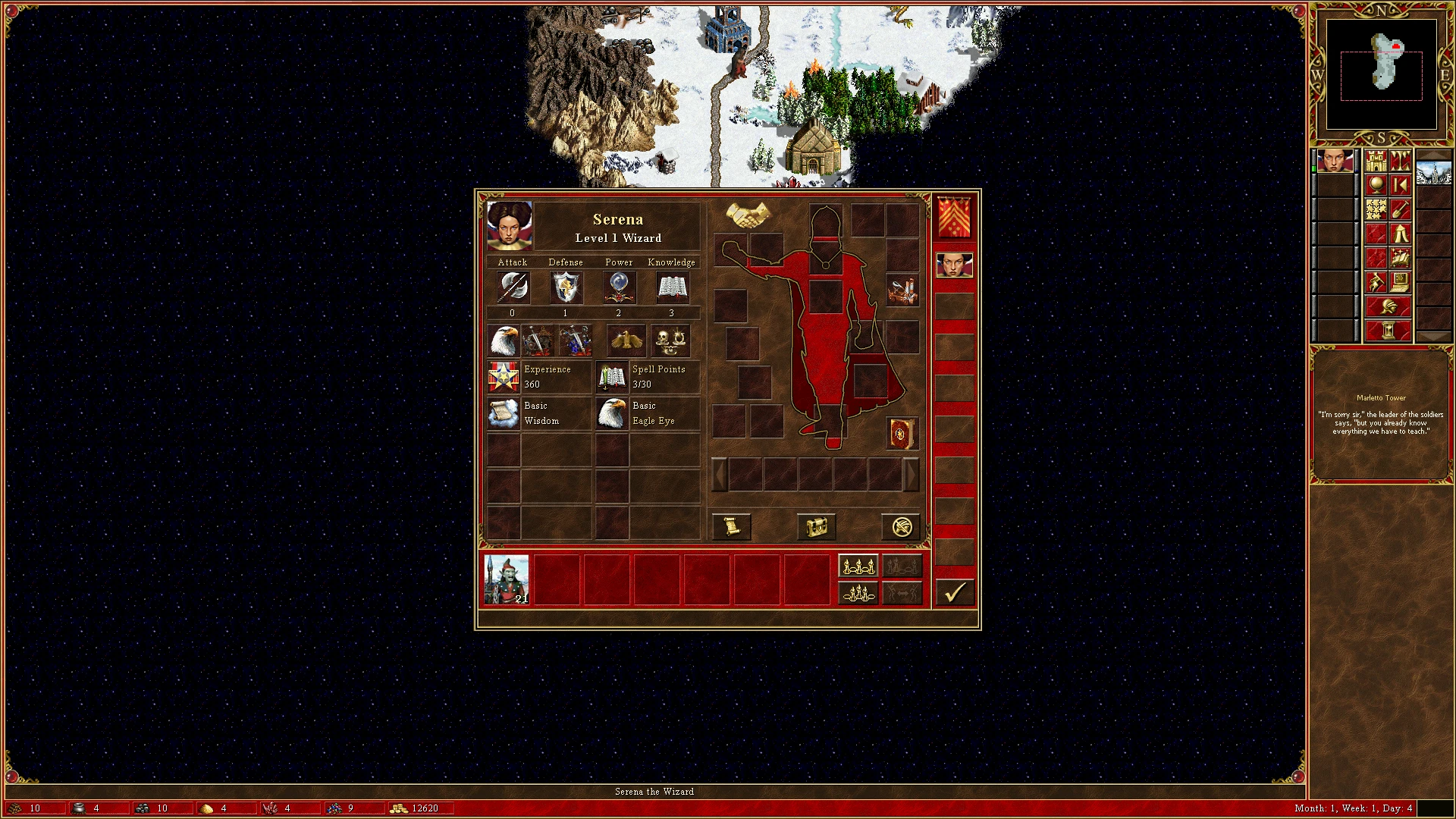 Charakterstatistik-Fenster mit Serena, der Zauberin, zeigt Angriff, Verteidigung und Fähigkeiten im HoMM III Mod