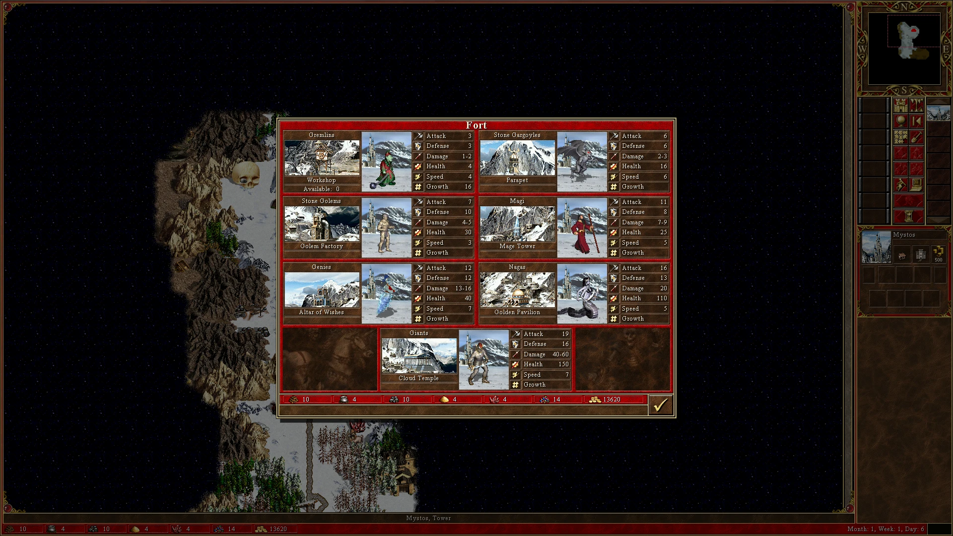 Spieloberfläche mit Kreaturen der Festung und deren Werten wie Angriff, Verteidigung, Schaden, Gesundheit, Geschwindigkeit, Wachstum