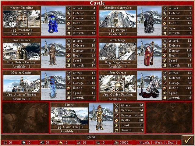 Screenshot mit Statistiken und verfügbaren Gebäude-Upgrades für Burg-Einheiten im Heroes of Might and Magic III In the Wake of Gods Mod