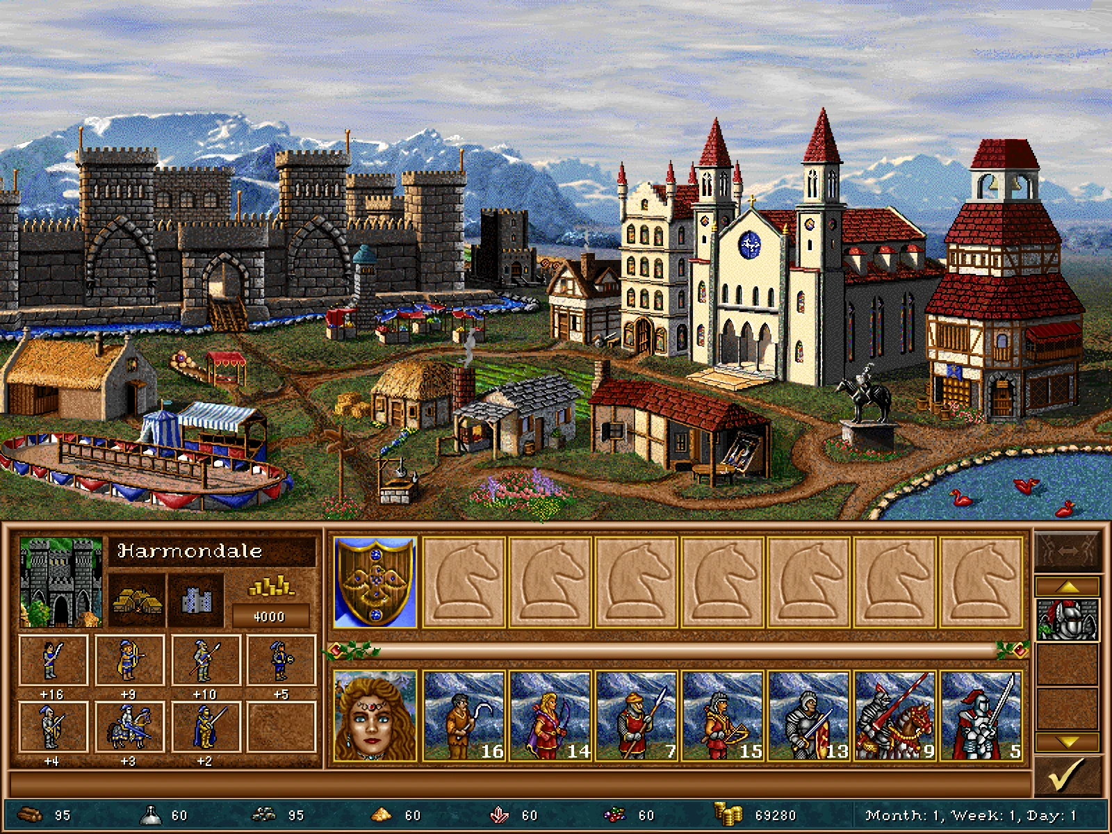 Скриншот інтерфейсу міста з замком, будівлями, портретом героя, військами та ресурсами в моді Heroes of Might and Magic III