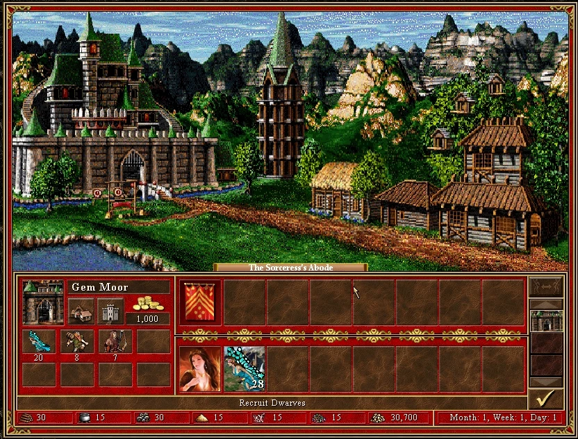 Знімок екрана інтерфейсу міста з будівлями, ресурсами та найнятими підрозділами у моді Герої Меча і Магії III