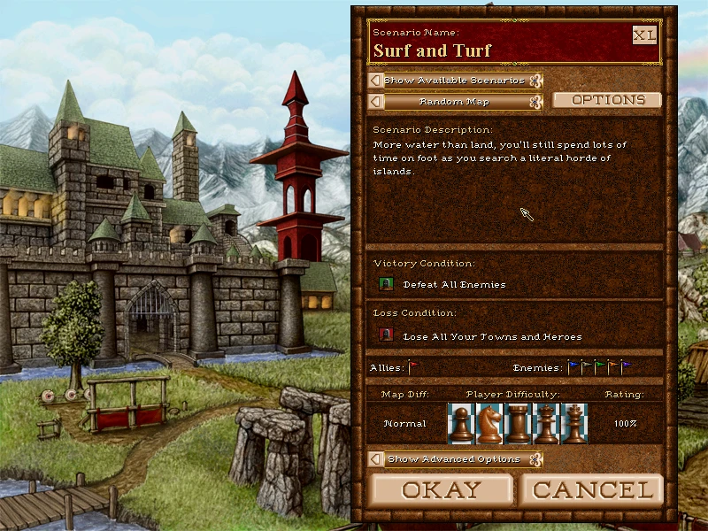 Інтерфейс гри з описом сценарію Surf and Turf та умовами перемоги в моді Heroes of Might and Magic III