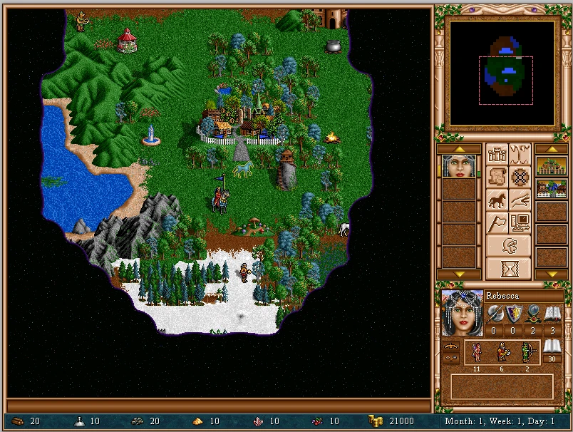 Ігровий екран із героєм, будівлями, різноманітним ландшафтом та картою у моді The Succession Wars для Heroes of Might and Magic III